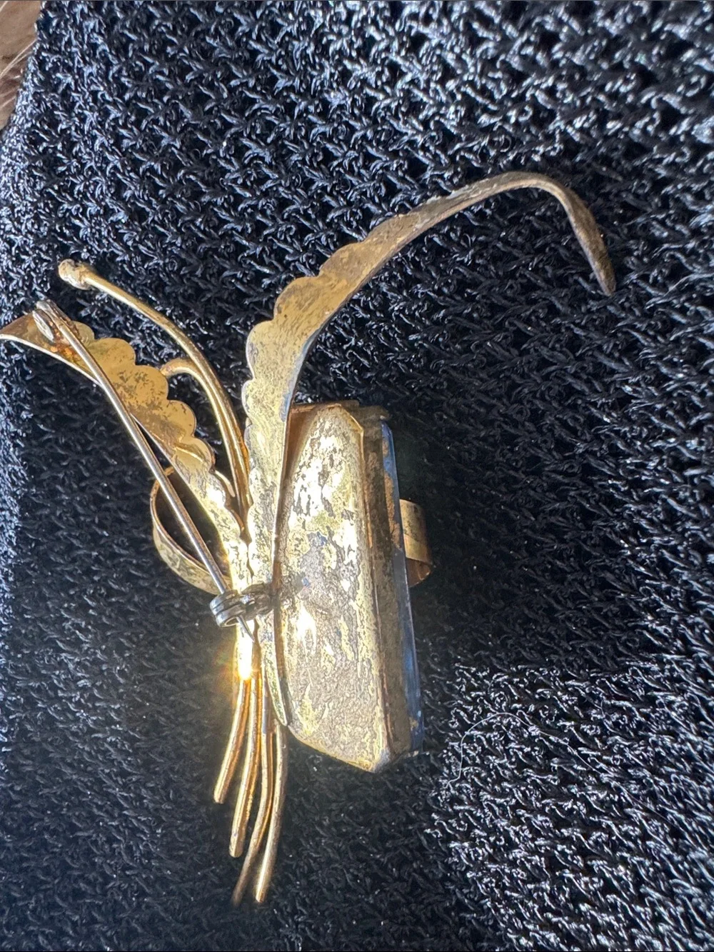 Gold-Tone Floral Brooch with Blue Rectangular Stone
